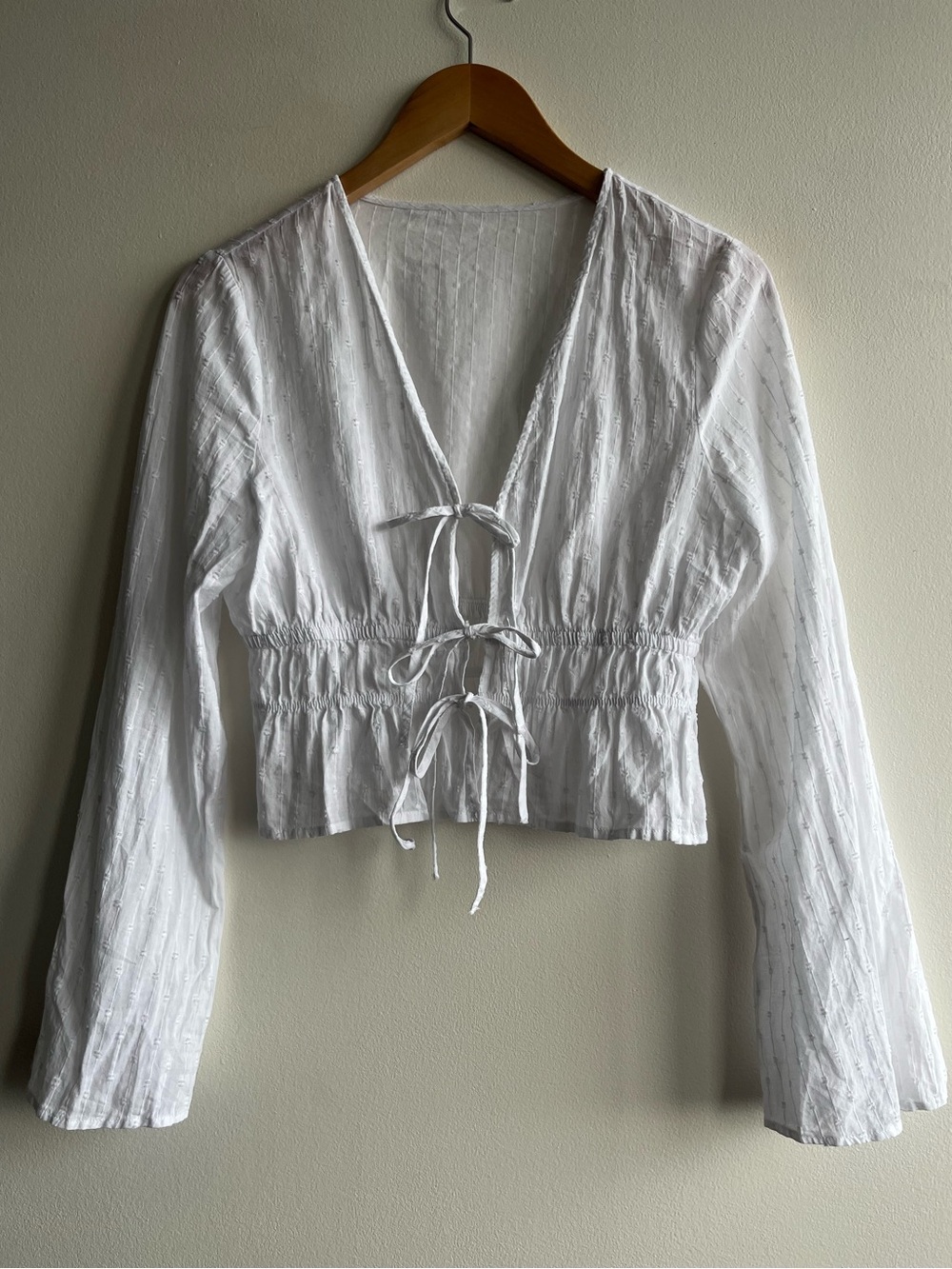 White Tie Front Blouse Cottagecore Boho Fairycore Cotton Long Sleeve Top Sz M